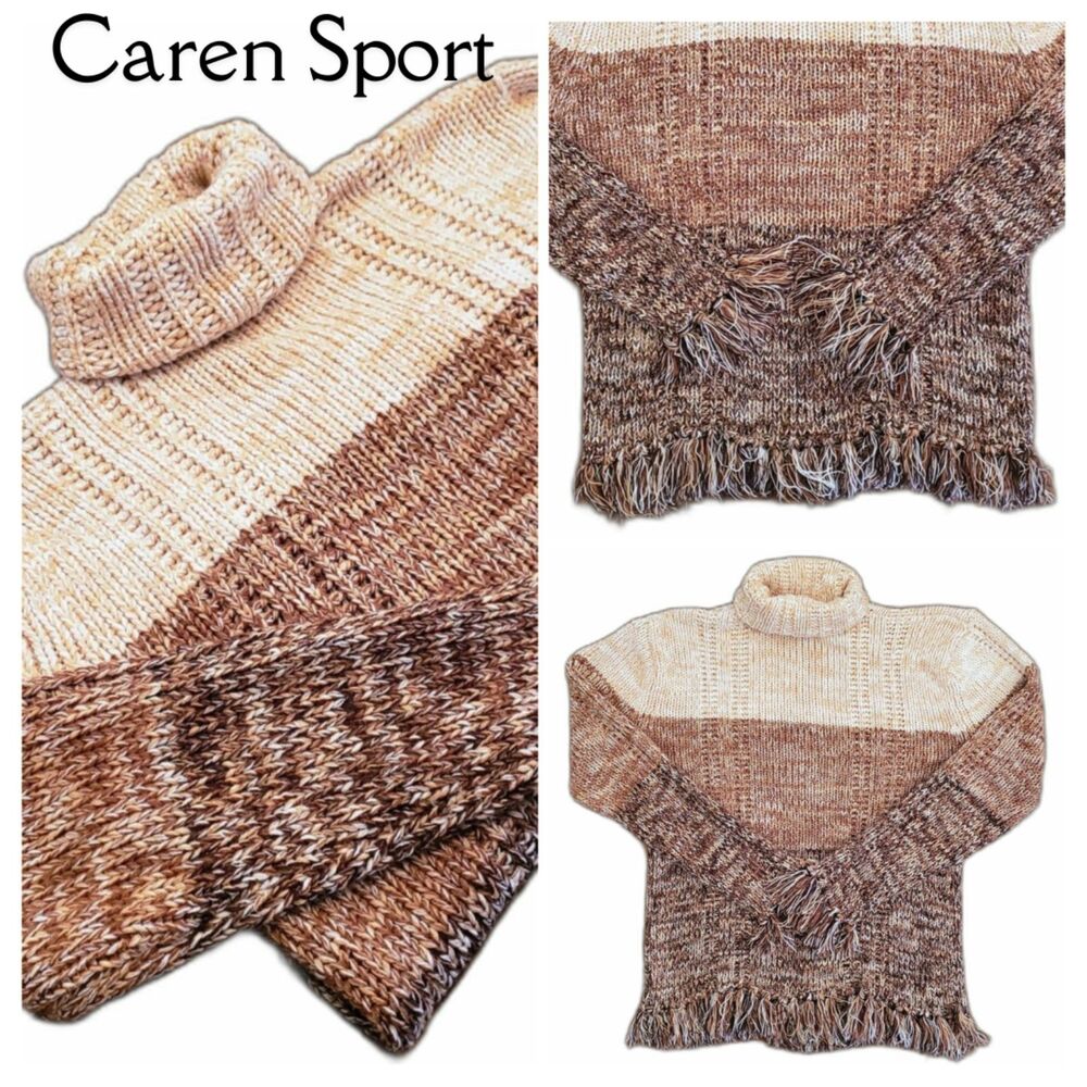 Caren Sport Women Turtle Neck Sweater Fringe Tan & Brown Size 3X